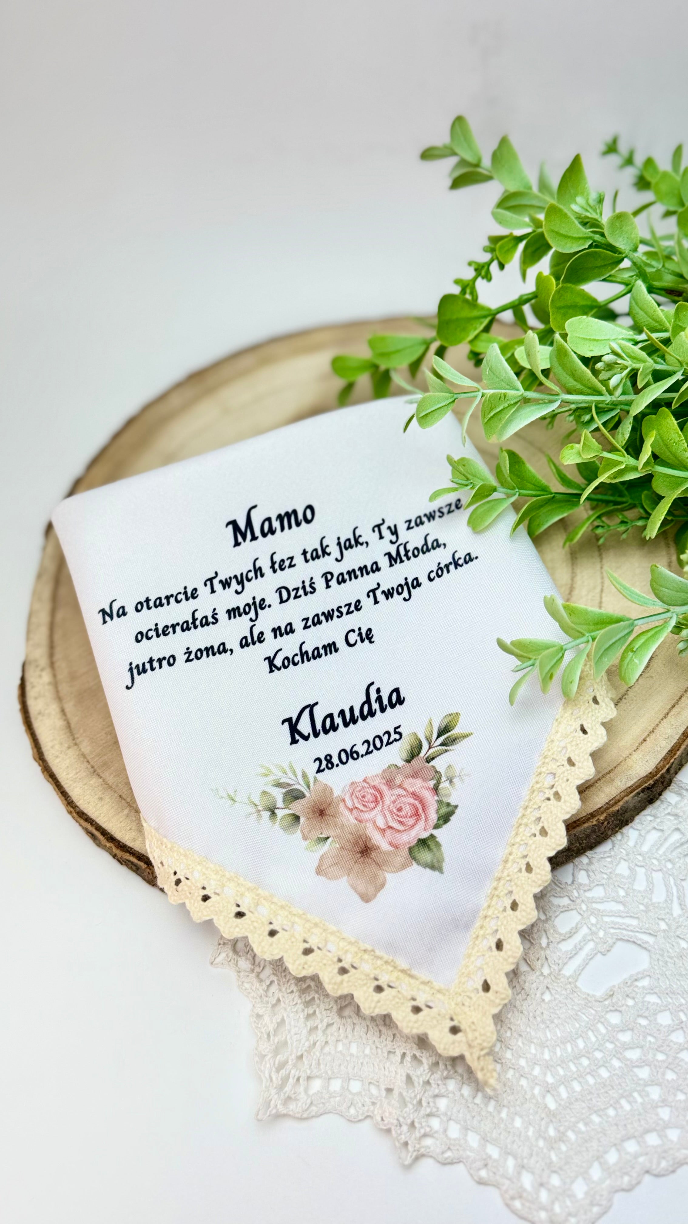 Ślubna chusteczka dla mamy bądź taty koronka ivory