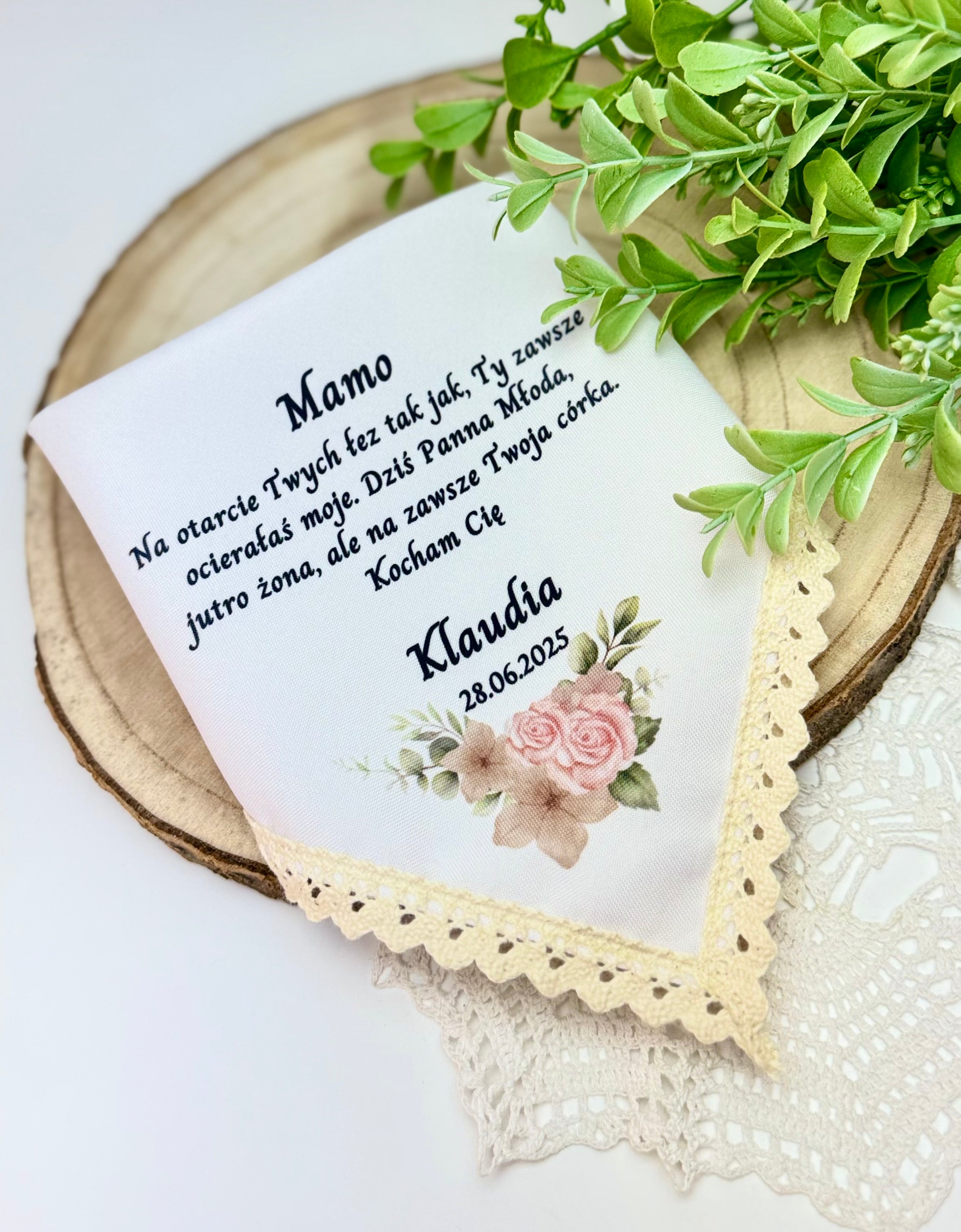 Ślubna chusteczka dla mamy bądź taty koronka ivory
