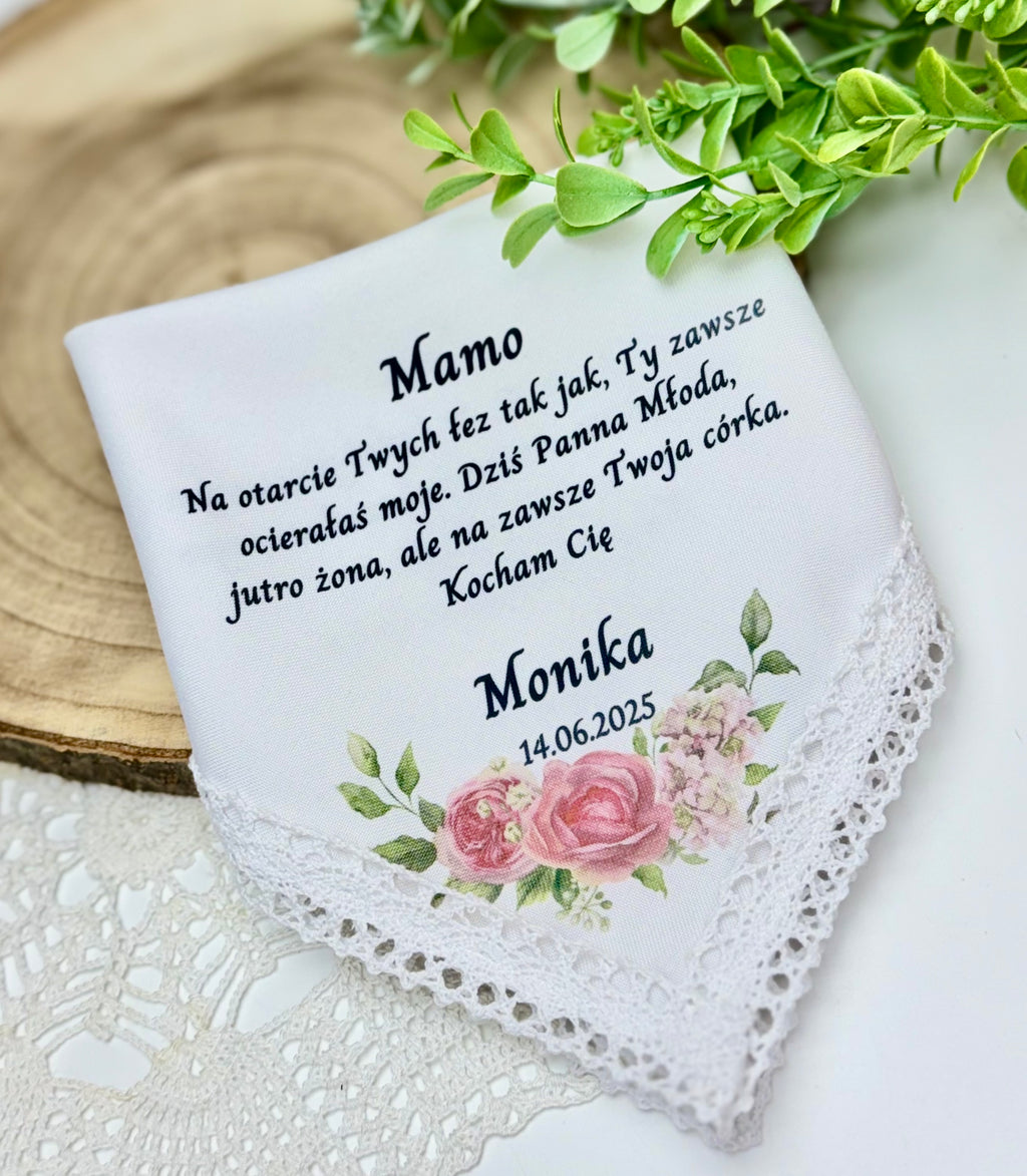 Chusteczka dla mamy bądź taty z białą koronką