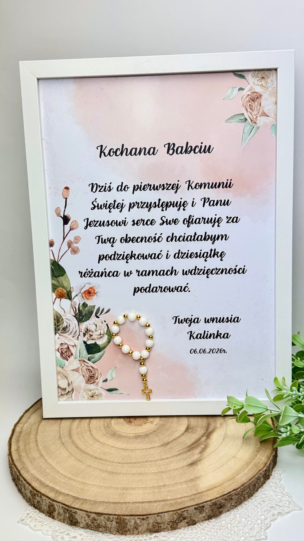 Ramka rozmiar A4- Podziękowanie dla babci, dziadka, dziadków, chrzestnej, chrzestnego w postaci ramki wraz z 10 różańca
