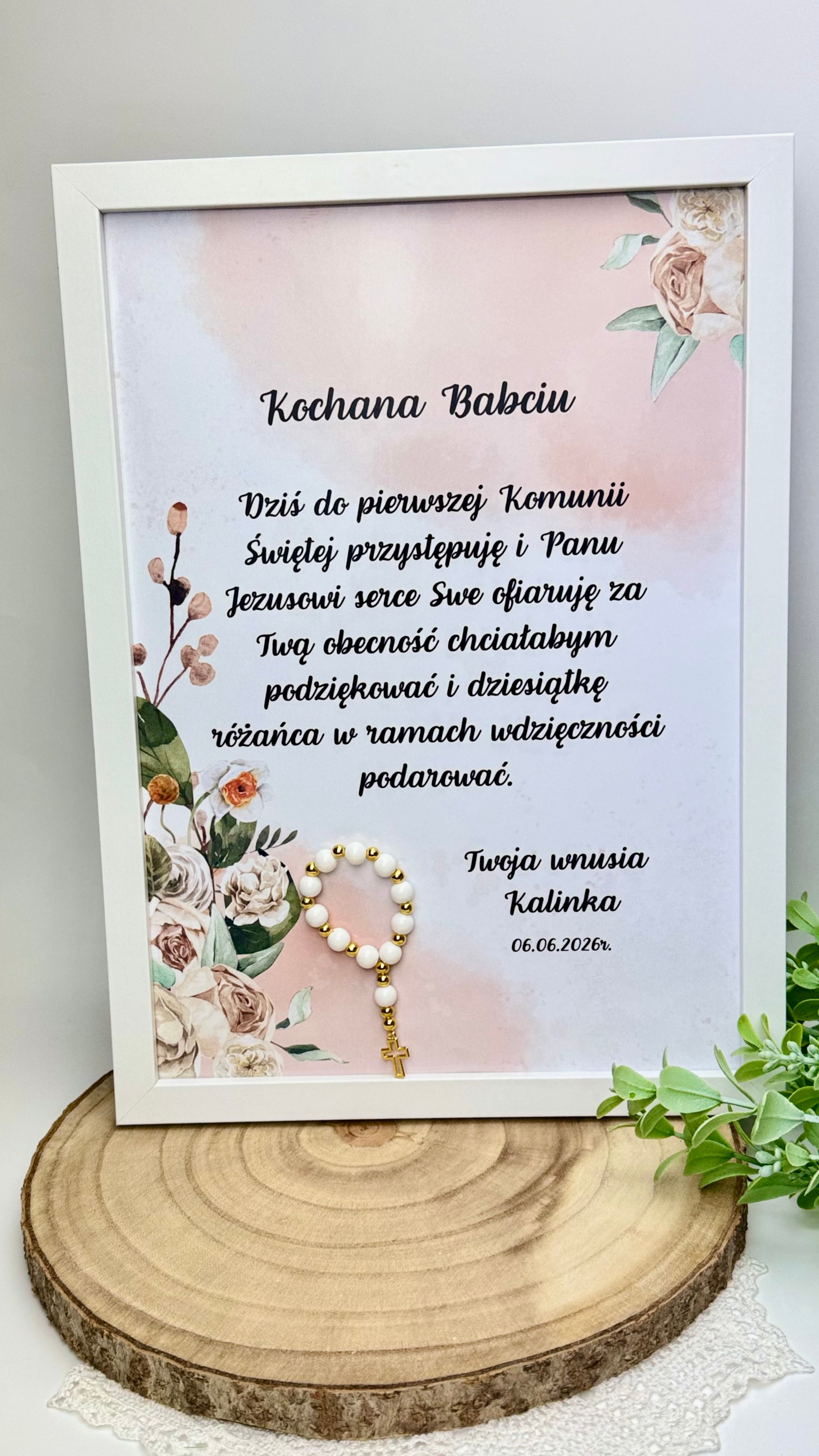 Ramka rozmiar A4- Podziękowanie dla babci, dziadka, dziadków, chrzestnej, chrzestnego w postaci ramki wraz z 10 różańca