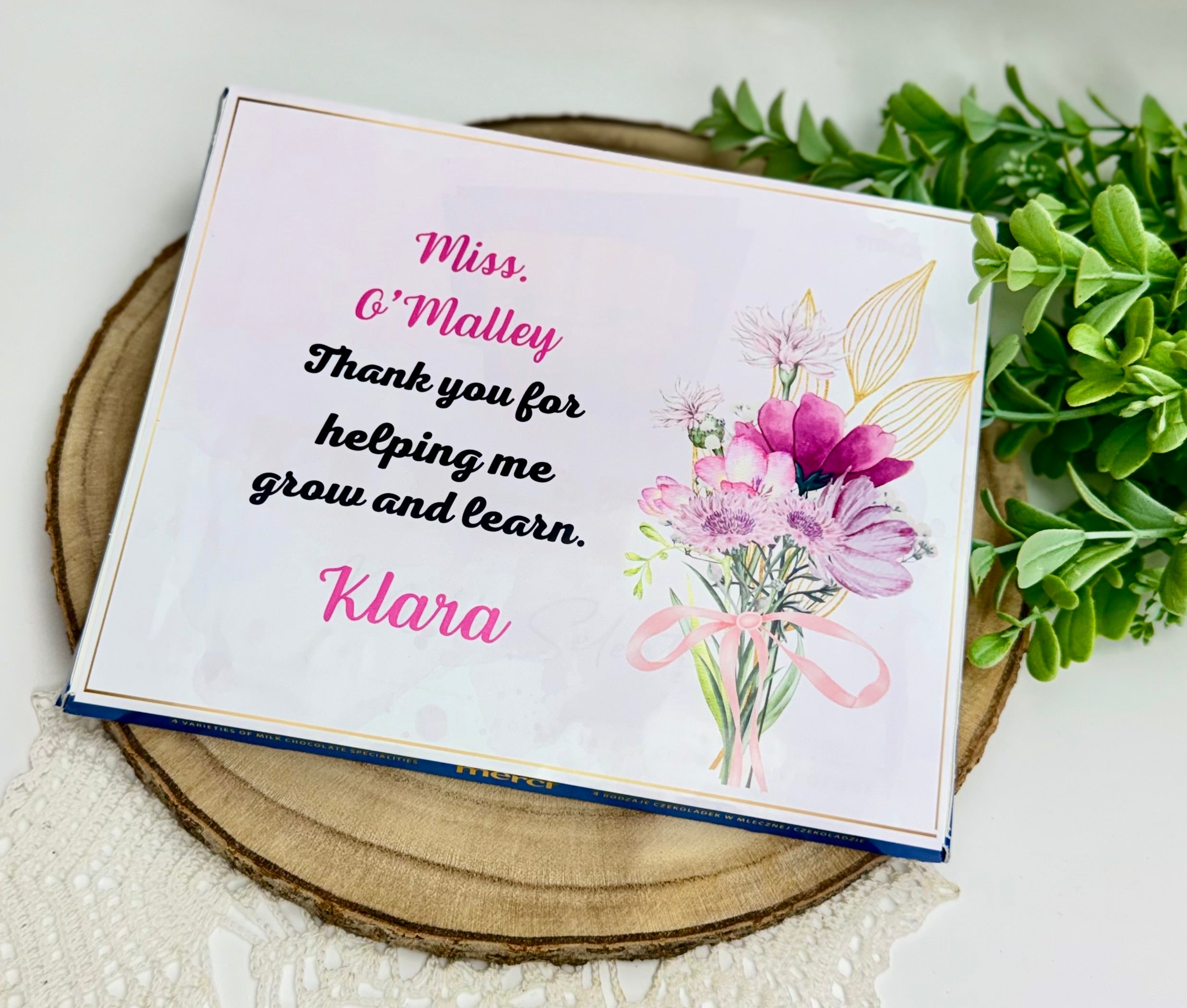 Merci wraz z kartka z przodu / Personalized Merci Chocolate