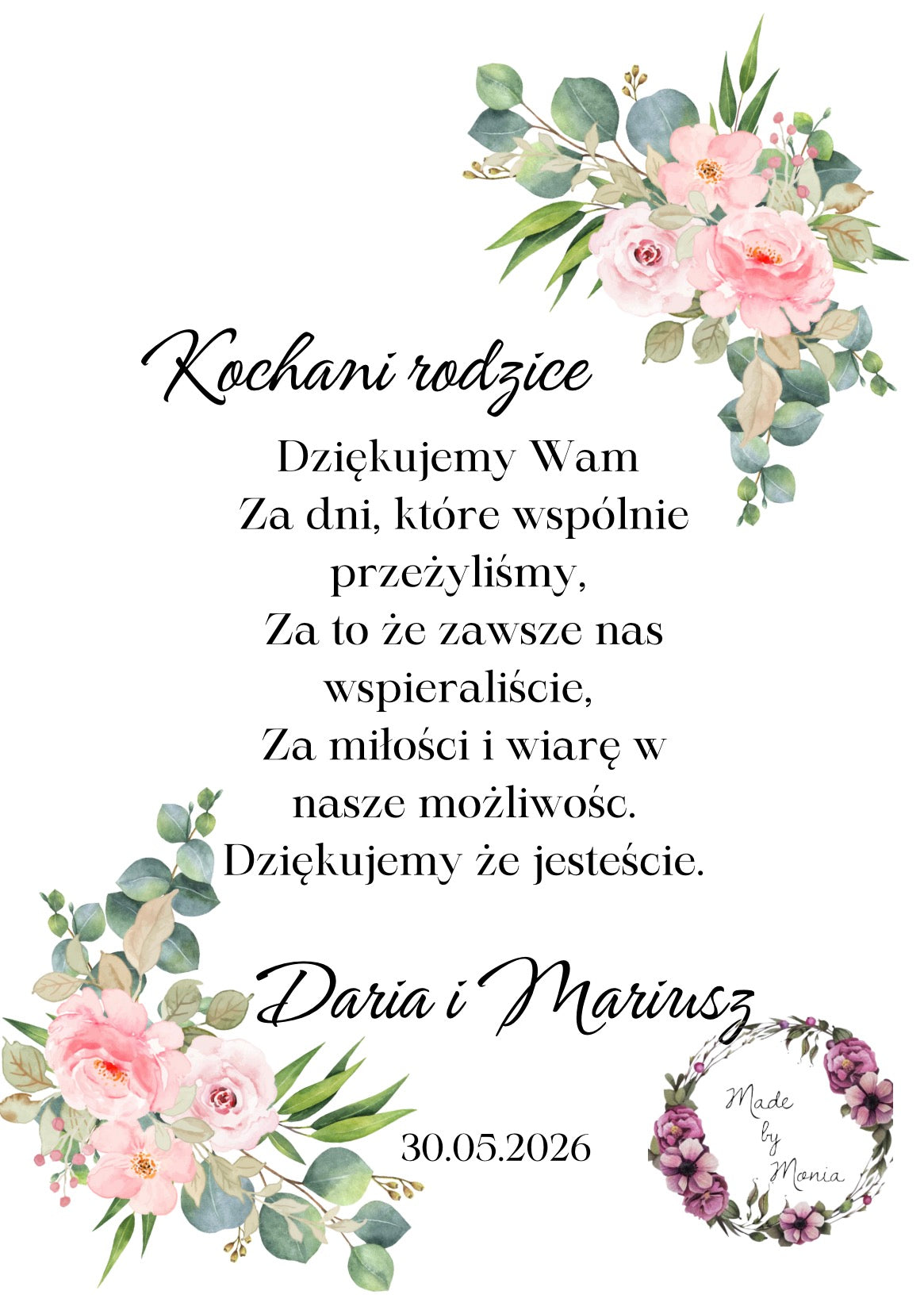 Ramka rozmiar A4- Podziękowanie dla rodziców w postaci ramki