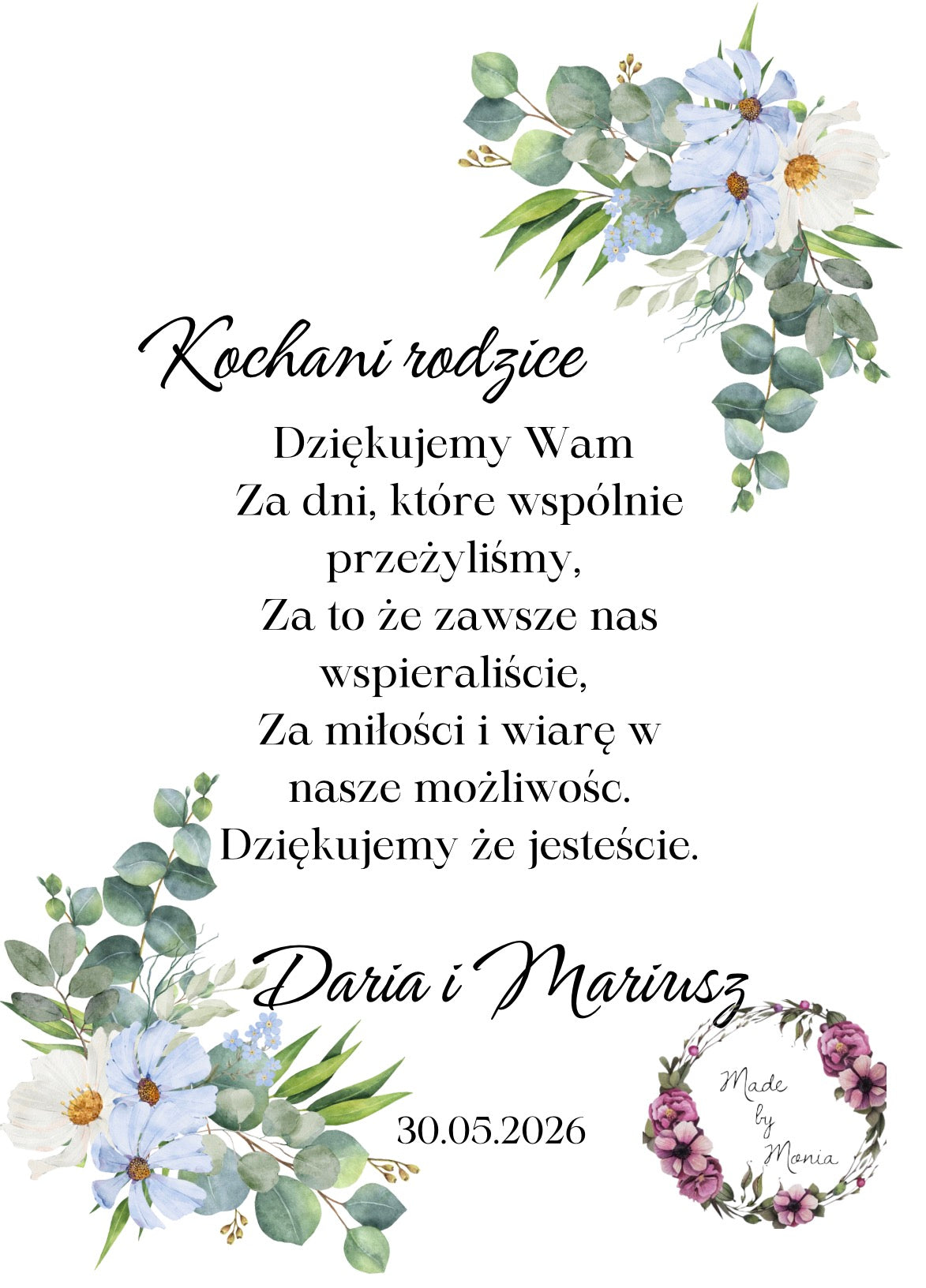 Ramka rozmiar A4- Podziękowanie dla rodziców w postaci ramki