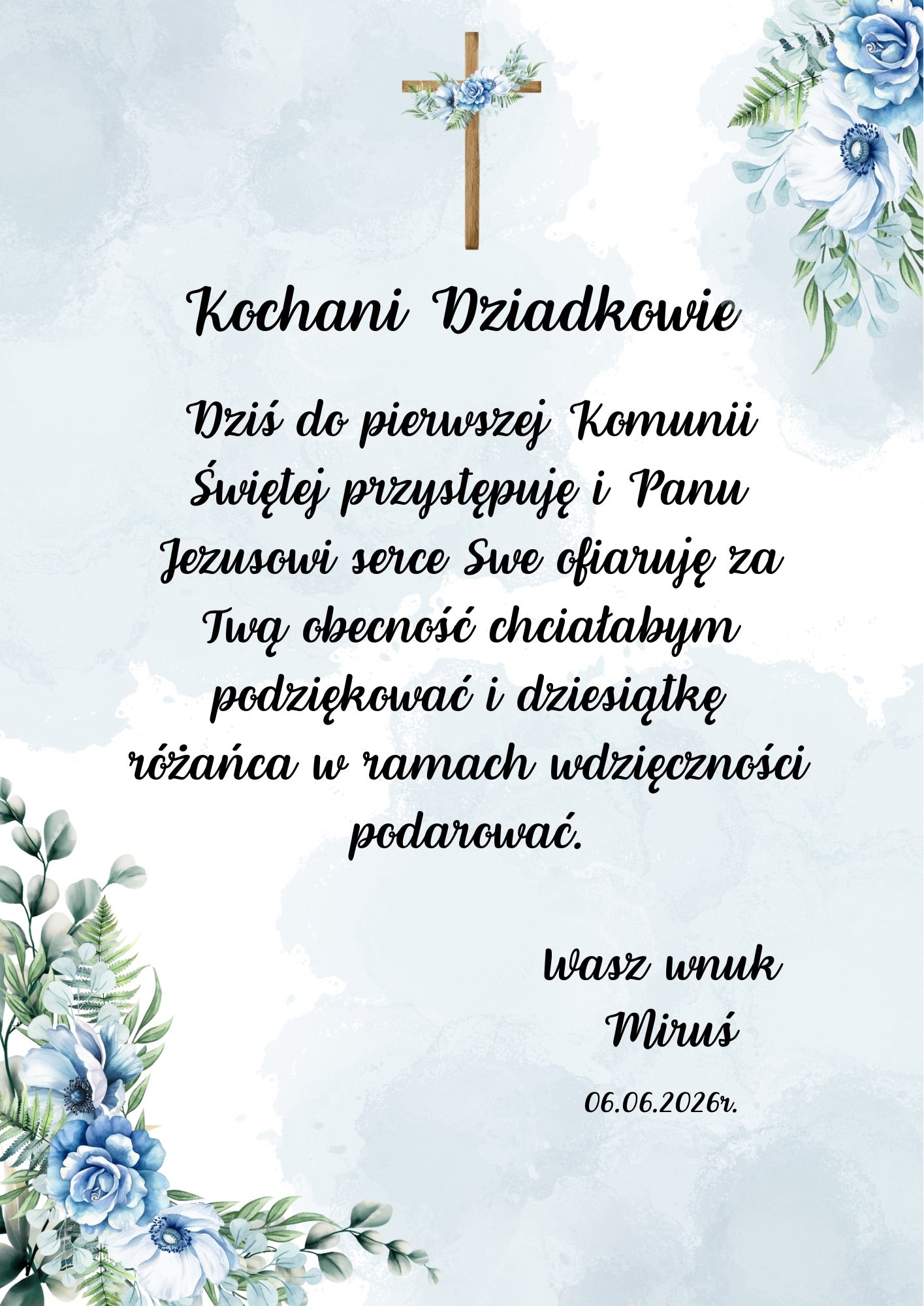 Ramka rozmiar A4- Podziękowanie dla babci, dziadka, dziadków, chrzestnej, chrzestnego w postaci ramki wraz z 10 różańca