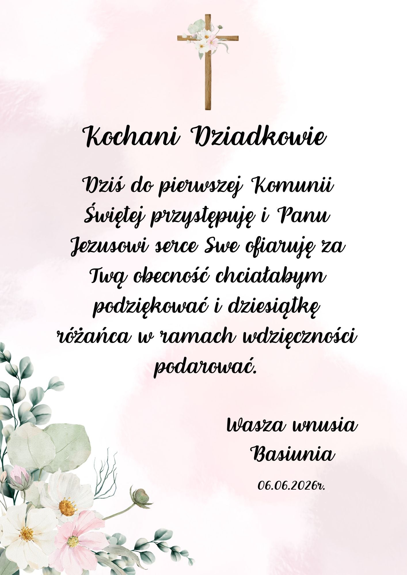 Ramka rozmiar A4- Podziękowanie dla babci, dziadka, dziadków, chrzestnej, chrzestnego w postaci ramki wraz z 10 różańca
